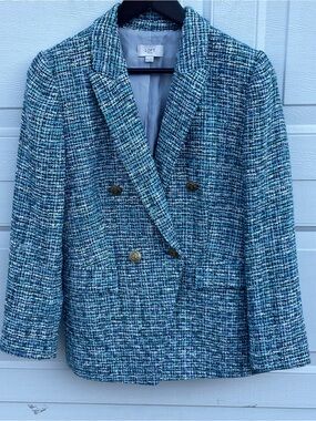 LOFT Tweed Blazer Double Breasted Gold Button Professional Jacket 10P